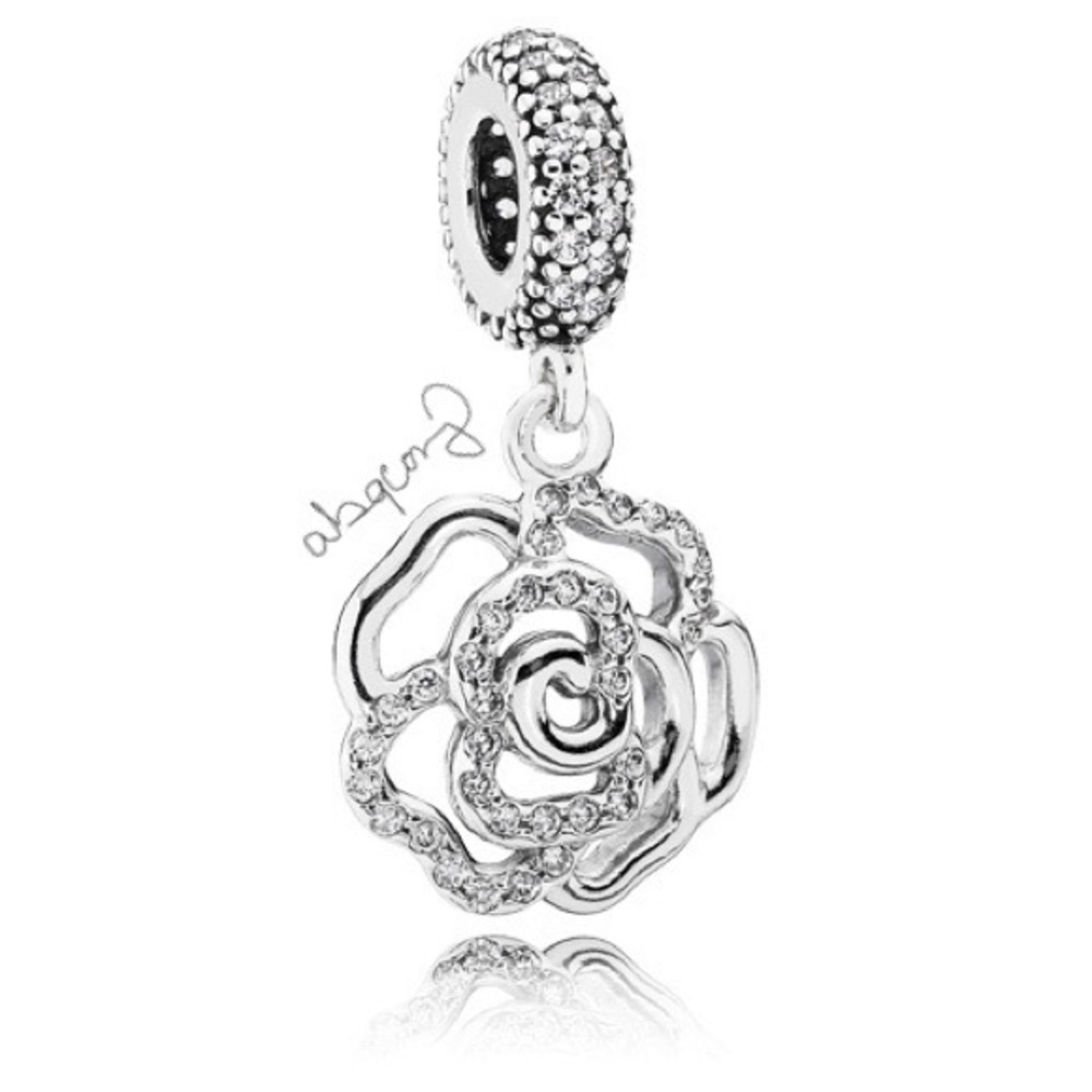 EUC Pandora 791526CZ Sterling Silver Shimmering Rose Dangle Charm w/ CZ’s
